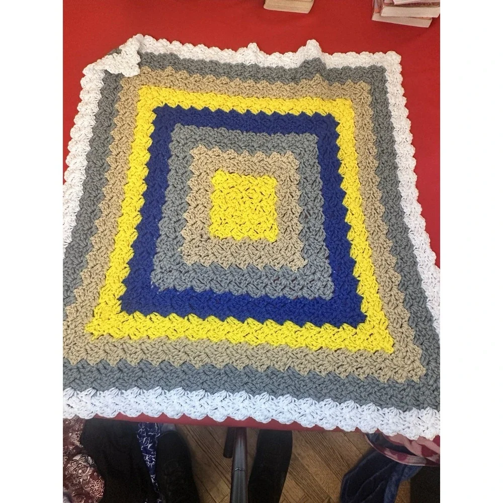 Crocheted Lap Blanket Gray Brown Yellow Blue Small